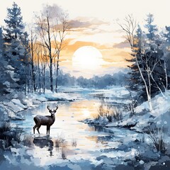 Artistic watercolor of a serene winter scene with deer and a frozen lake