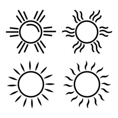 Sun, sun icons set of 4 in black and white color isolated on white background. Sun icon in flat design. Vector illustration for cartoon design. Vector.