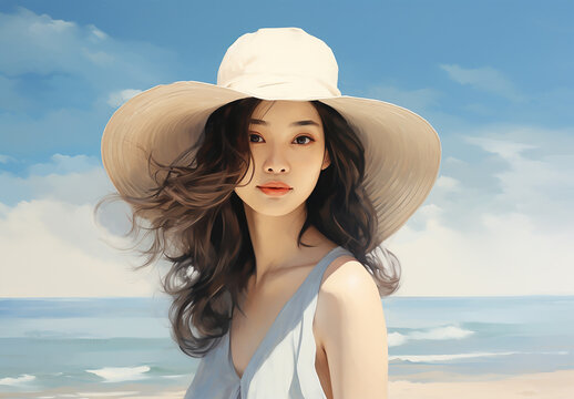 帽子をかぶって海にいる美しい女性
