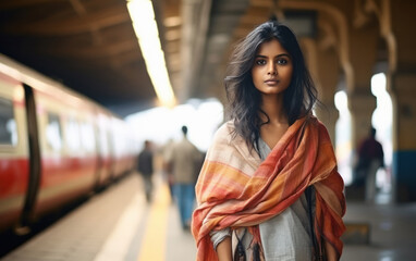 young indian woman standing at railway station - obrazy, fototapety, plakaty