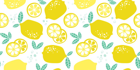 Seamless pattern with lemons, whole, slices. Fruit citrus print for textiles, kitchen, packaging. Vector graphics. - obrazy, fototapety, plakaty