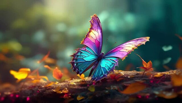 large stunningly beautiful fairy wings Fantasy abstract paint colorful butterfly sits on garden.The insect casts a shadow on nature.The insect has many geometric angles.3d render 
