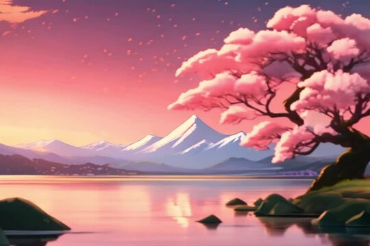 A painting of a mountain with pink flowers and a mountain
