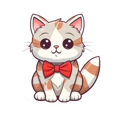 Cat kitten cartoon isolated with red butterfly tie, cute smile style, png transparent