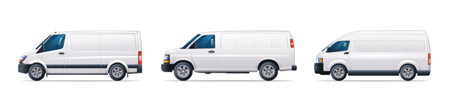 Set of van cars in different types. Cargo van collection side view vector illustration