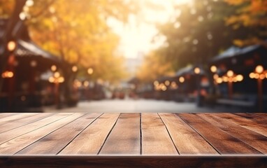 Naklejka na ściany i meble The empty wooden table top with blur background of Kyoto city