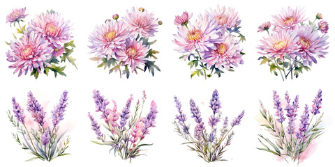 watercolor pink daisies and pink lavender flowers Artificial Intelligence Generative - obrazy, fototapety, plakaty