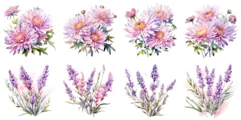 Wandaufkleber watercolor pink daisies and pink lavender flowers Artificial Intelligence Generative © ainun