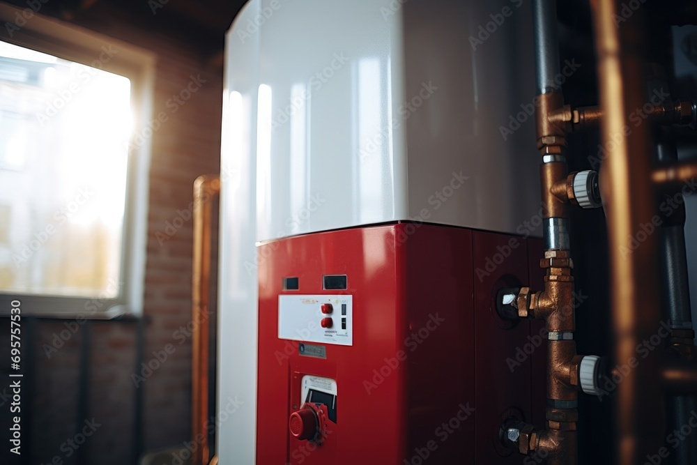 Aufkleber A red and white water heater positioned next to a window. This image can be used to depict a home or building with a functional water heating system