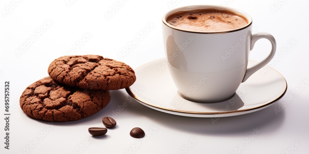 Poster a simple and inviting image of a cup of coffee and two cookies on a saucer. perfect for illustrating
