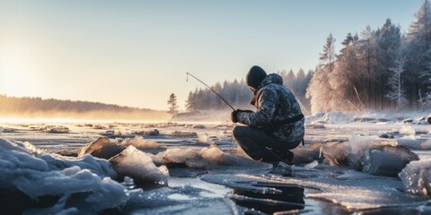 A man is pictured fishing on a frozen lake. This image can be used to depict winter activities and outdoor sports - obrazy, fototapety, plakaty