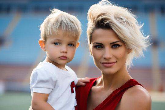 Mother with child at stadium sports event competition. Generative ai image