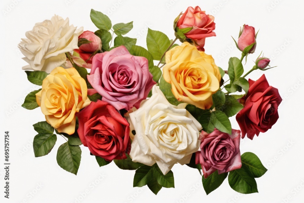 Poster a beautiful bouquet of multicolored roses on a clean white background. perfect for any occasion or d