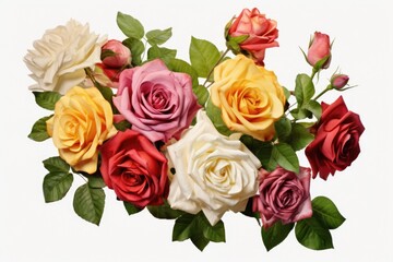 Fototapeta premium A beautiful bouquet of multicolored roses on a clean white background. Perfect for any occasion or design project