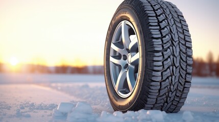 A tire on a snowy road with a beautiful sunset in the background. Perfect for winter driving and scenic landscapes - obrazy, fototapety, plakaty