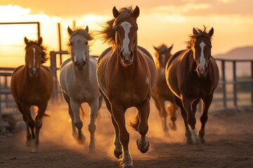 A dynamic image capturing a group of horses running across a dirt field. Perfect for illustrating the beauty and freedom of these majestic animals.