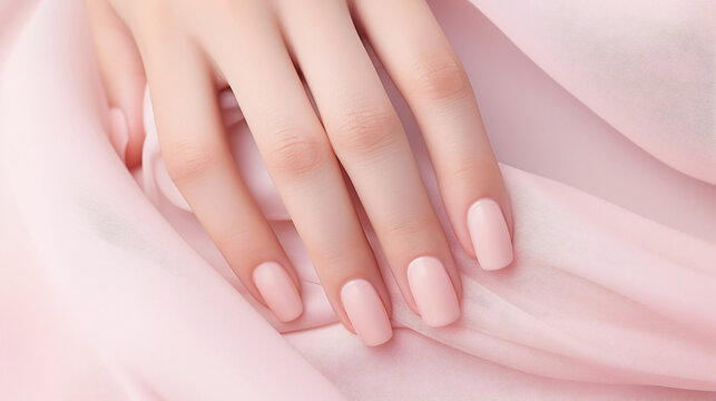 Close up beautiful woman nails pink color. Skin care