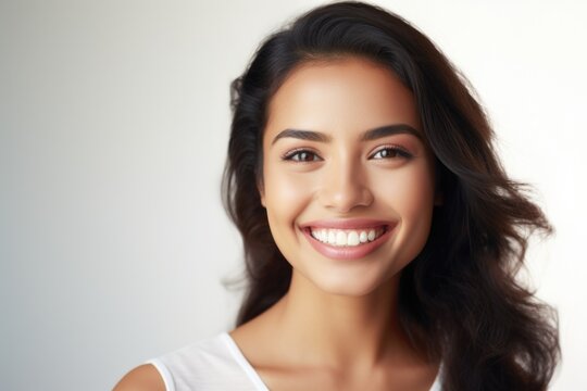 A beautiful young woman with long dark hair smiling. This image can be used to depict happiness, beauty, or youth