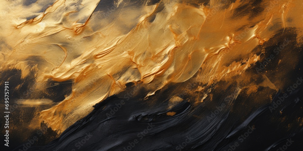 Poster A close up view of a painting featuring a combination of gold and black colors. This image can be used in various creative projects