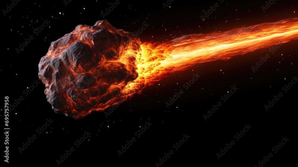 Poster A visually striking image of an enormous rock with a dramatic trail of fire emanating from it. Perfect for adding a touch of intensity and power to any project