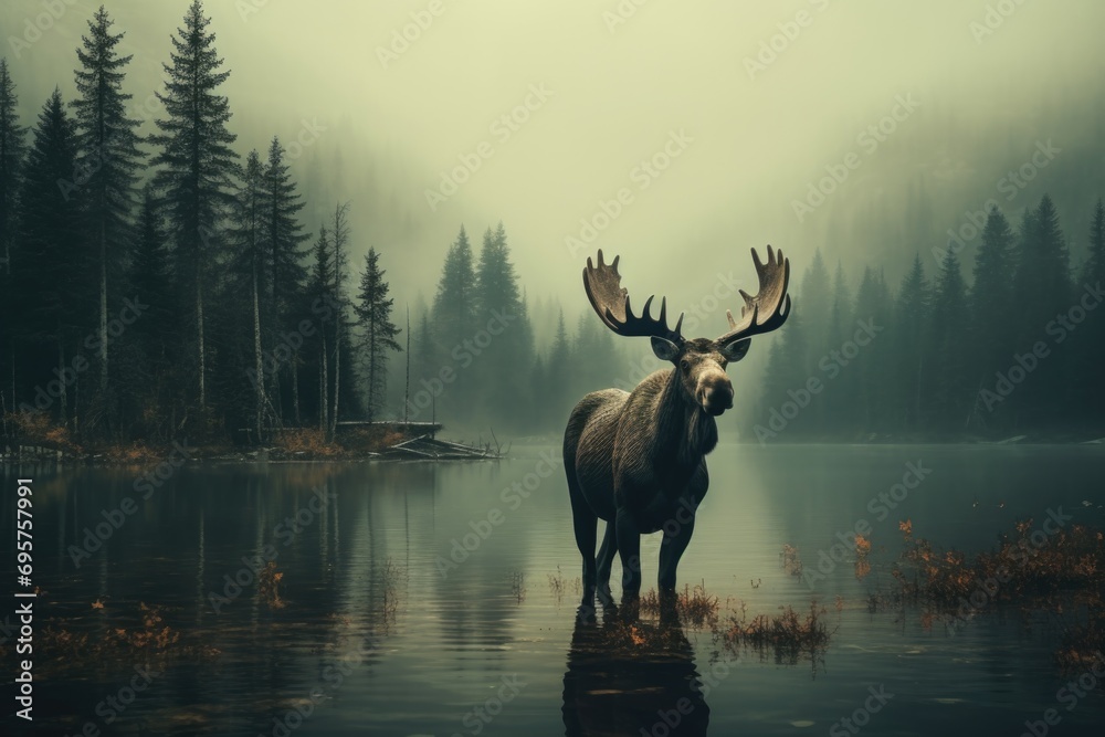 Poster a moose standing in the middle of a lake. suitable for nature and wildlife themes