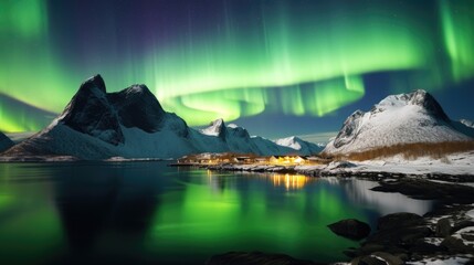 Aurora Borealis illuminates the night sky over a majestic mountain range. Perfect for travel and nature-themed designs