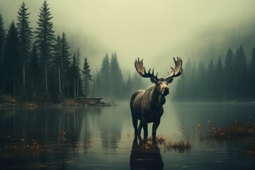 A moose standing in the middle of a lake. Suitable for nature and wildlife themes - Powered by Adobe