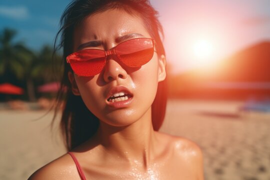 A woman is pictured wearing red sunglasses on a beautiful beach. This image can be used to depict a sunny vacation or a relaxing day by the ocean