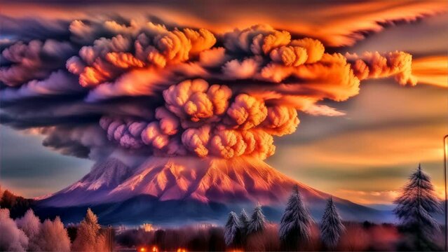 An image dramatically depicting a volcanic eruption, characterized by a massive plume of ash and orange smoke rising into the sky.
