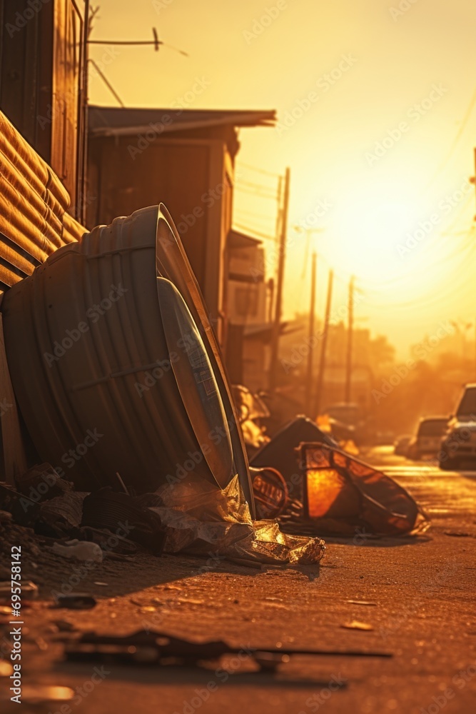 Poster a pile of trash sitting on the side of a road. can be used to depict pollution, environmental issues