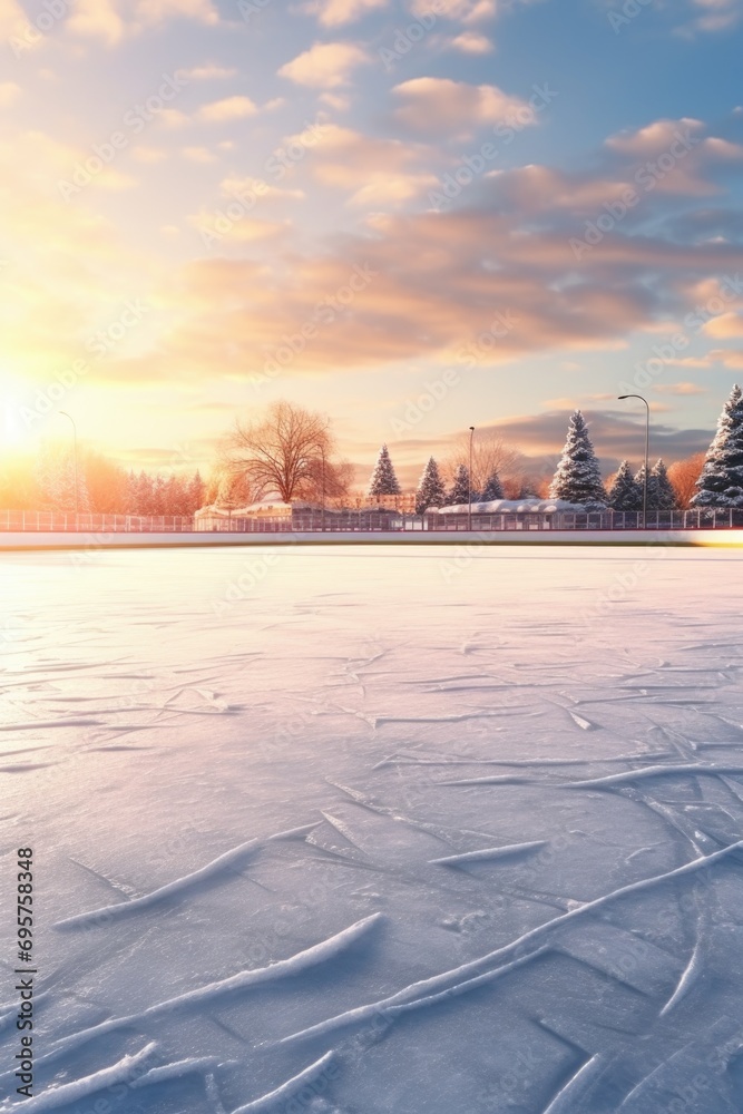 Poster A picture of a snow covered field with trees in the background. Perfect for winter-themed designs and nature-related projects