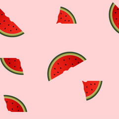 seamless pattern of cuts and slices of fresh red watermelon, green fruit skin on a pink background