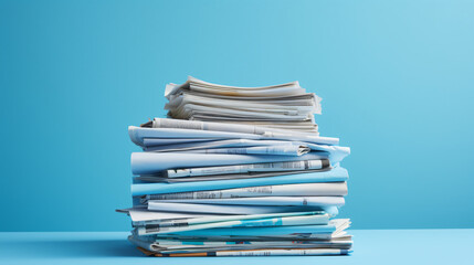 Pile of newspapers on pastel blue background