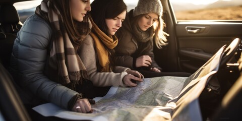 Three women sitting in a car, examining a map. Perfect for travel planning or road trip concepts - obrazy, fototapety, plakaty