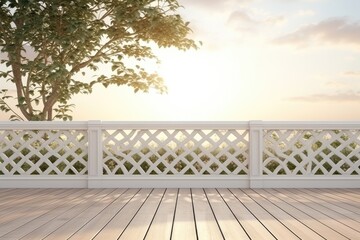A wooden deck with a white fence and a tree in the background. Suitable for home improvement, outdoor living, and backyard designs
