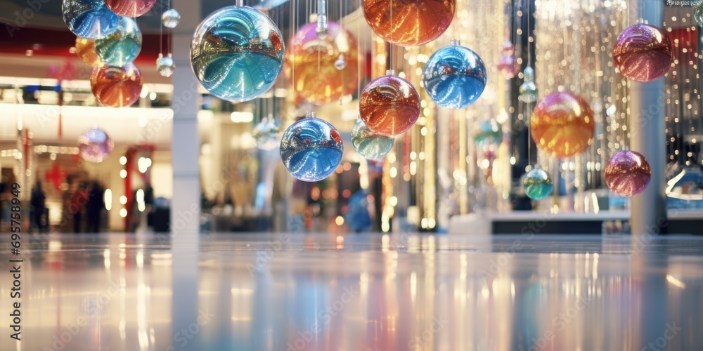 Poster Glass balls hanging from the ceiling, perfect for adding a touch of elegance to any space. Ideal for home decor, events, or holiday displays