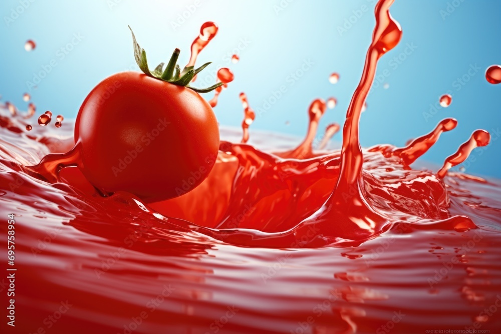 Poster A vibrant image capturing the moment a tomato splashes into a pool of red liquid. Perfect for food and cooking-related projects