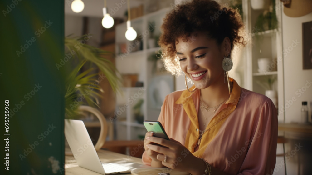 Poster A woman is sitting at a table and using a cell phone. This image can be used to depict modern technology and communication