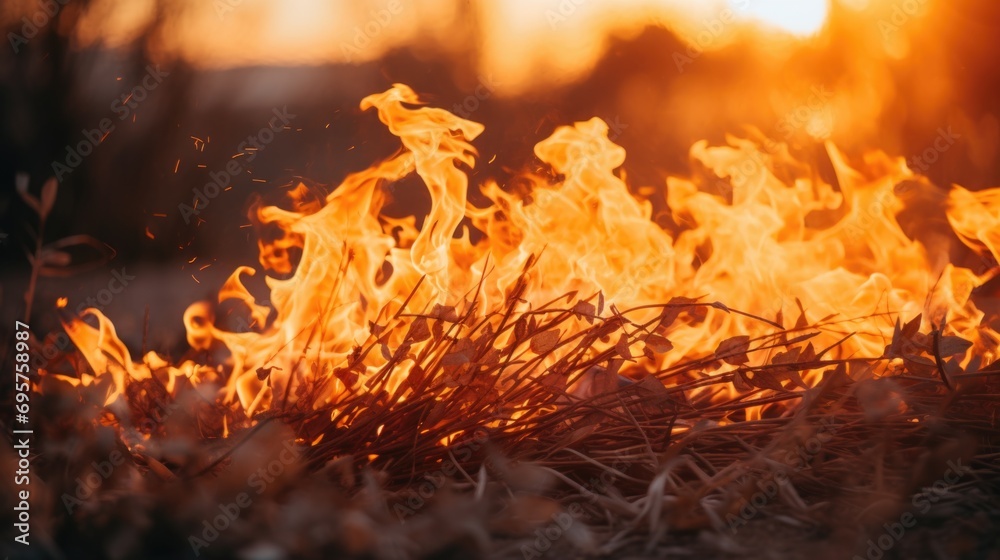 Aufkleber A close-up view of a fire burning in a field. This image can be used to depict the destructive power of fire or to symbolize concepts such as danger, destruction, or even rebirth