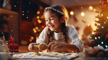 A little girl is seen making cookies on a table in front of a beautifully decorated Christmas tree. This image can be used to depict holiday baking or family traditions during the festive season