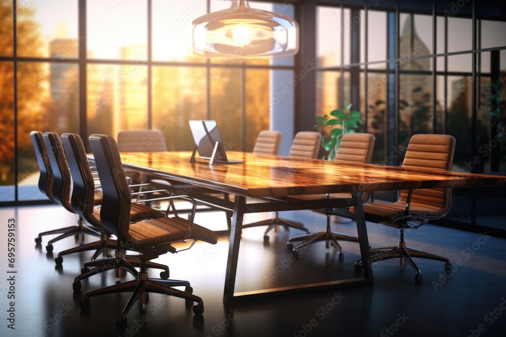 Poster a conference table with chairs set up in a professional meeting space, overlooking a scenic view fro