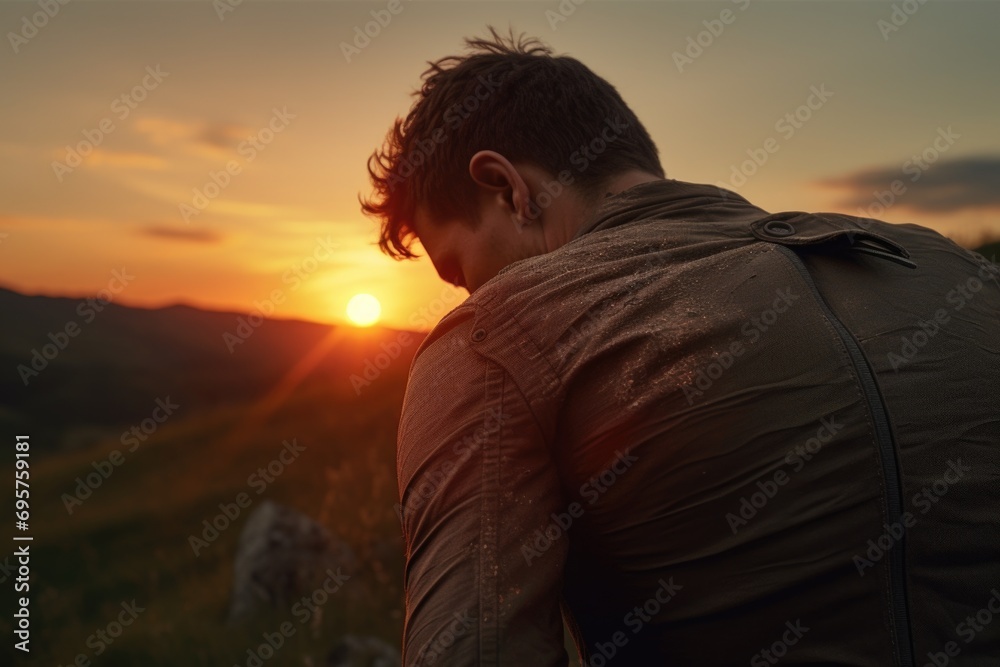 Poster A man is seen sitting on top of a grass-covered hillside. This image can be used to depict relaxation, solitude, or enjoying nature