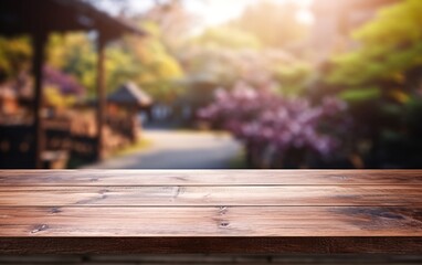 The empty wooden table top with blur background of Kyoto city