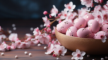 Obraz na płótnie Canvas Decorative colored Easter eggs in the bowl and a branch of apple blossom on the wooden background. Concept of summer holidays