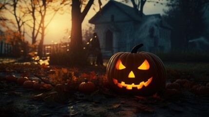 A halloween pumpkin sitting on the ground in front of a house. Suitable for Halloween-themed designs and decorations