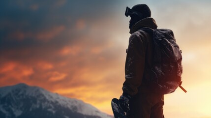 A man stands on top of a snow covered mountain. This picture can be used to portray adventure, conquering challenges, or enjoying the beauty of nature