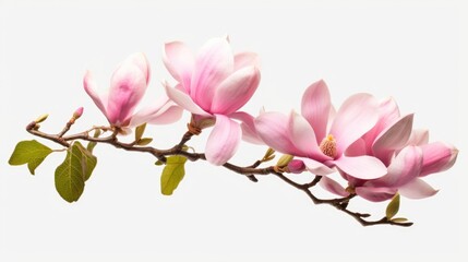 Two pink flowers on a branch against a white background. Suitable for various floral or nature-themed designs