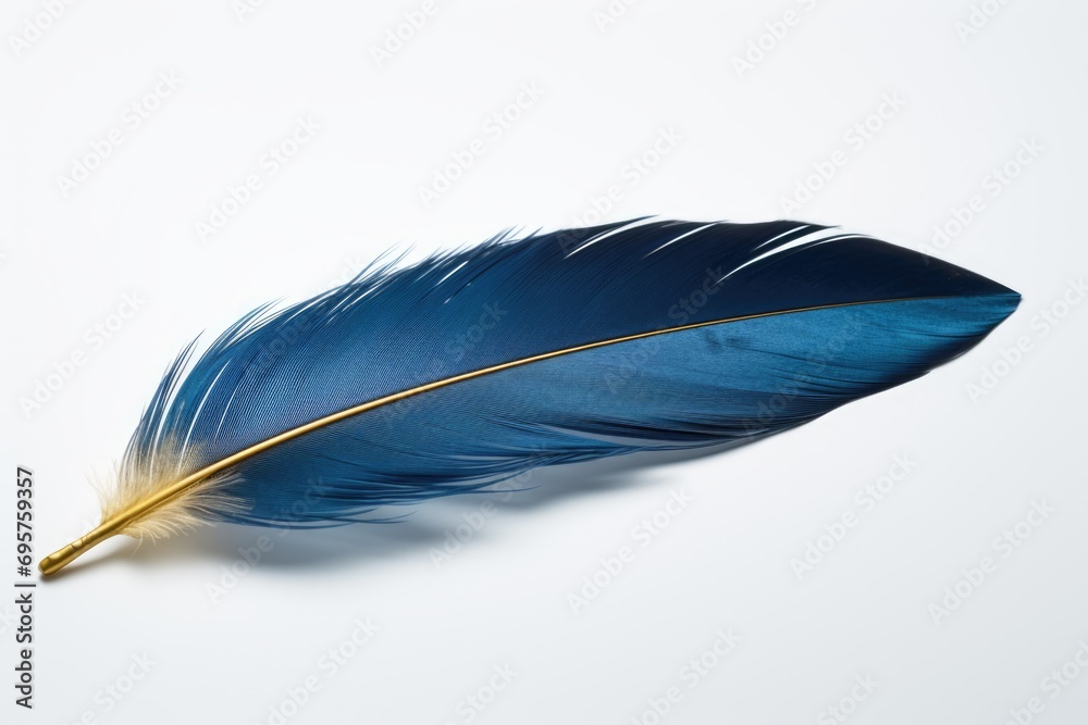 Poster A single blue feather resting on a clean white surface. Perfect for adding a touch of elegance to any design