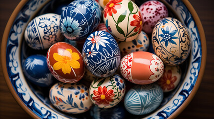 Decorative colored Easter eggs in the bowl and a branch of apple blossom on the wooden background. 
 Concept of summer holidays
