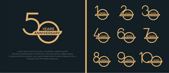 set of anniversary logo flat golden color and ribbon on black background for celebration moment - obrazy, fototapety, plakaty